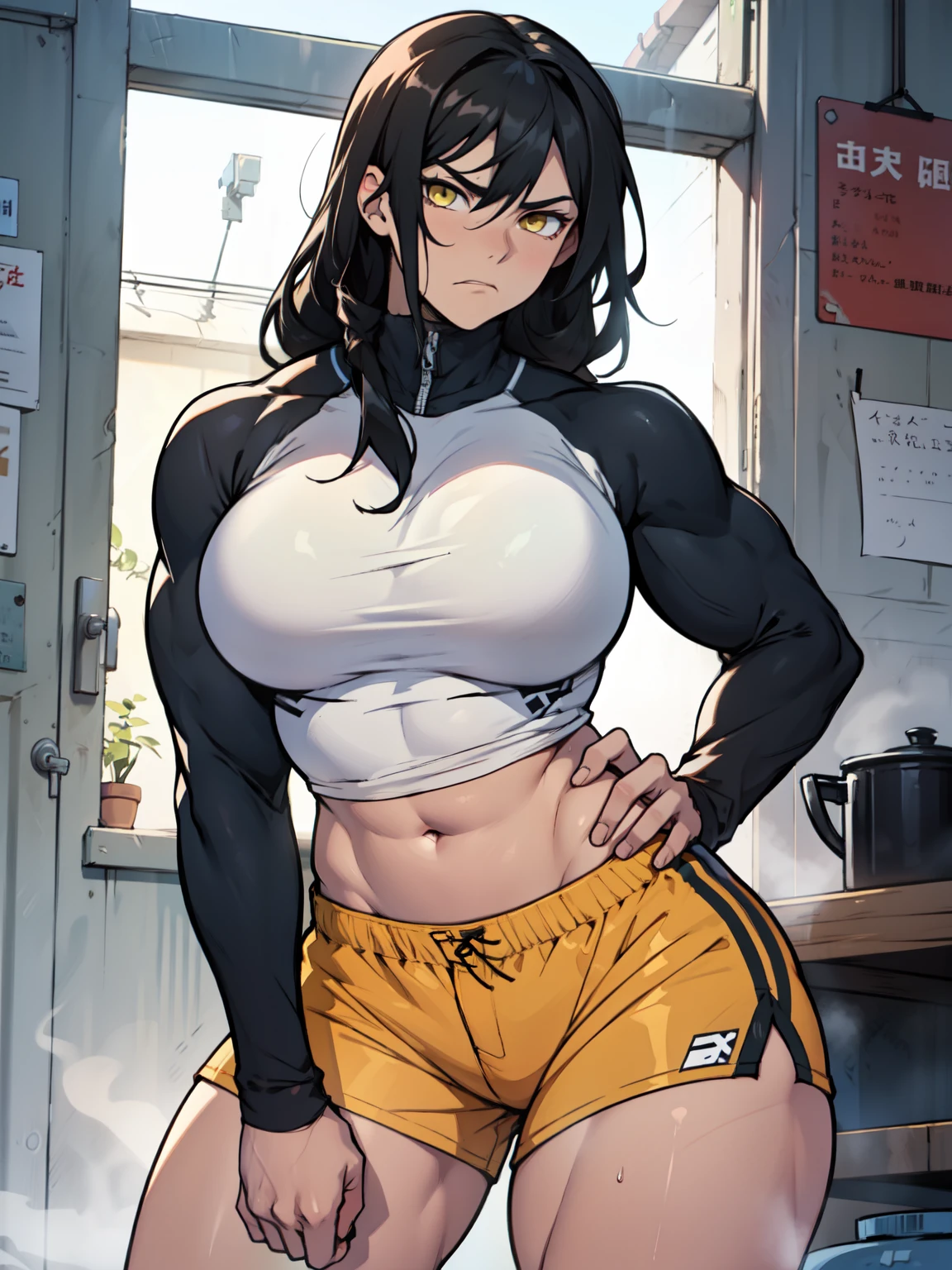 thick thighs wide hips muscular toned body massive breasts athletic girl black hair yellow eyes pale skin massive hair sad frown disappointed expressionless long sleeve tight shirt tight shorts