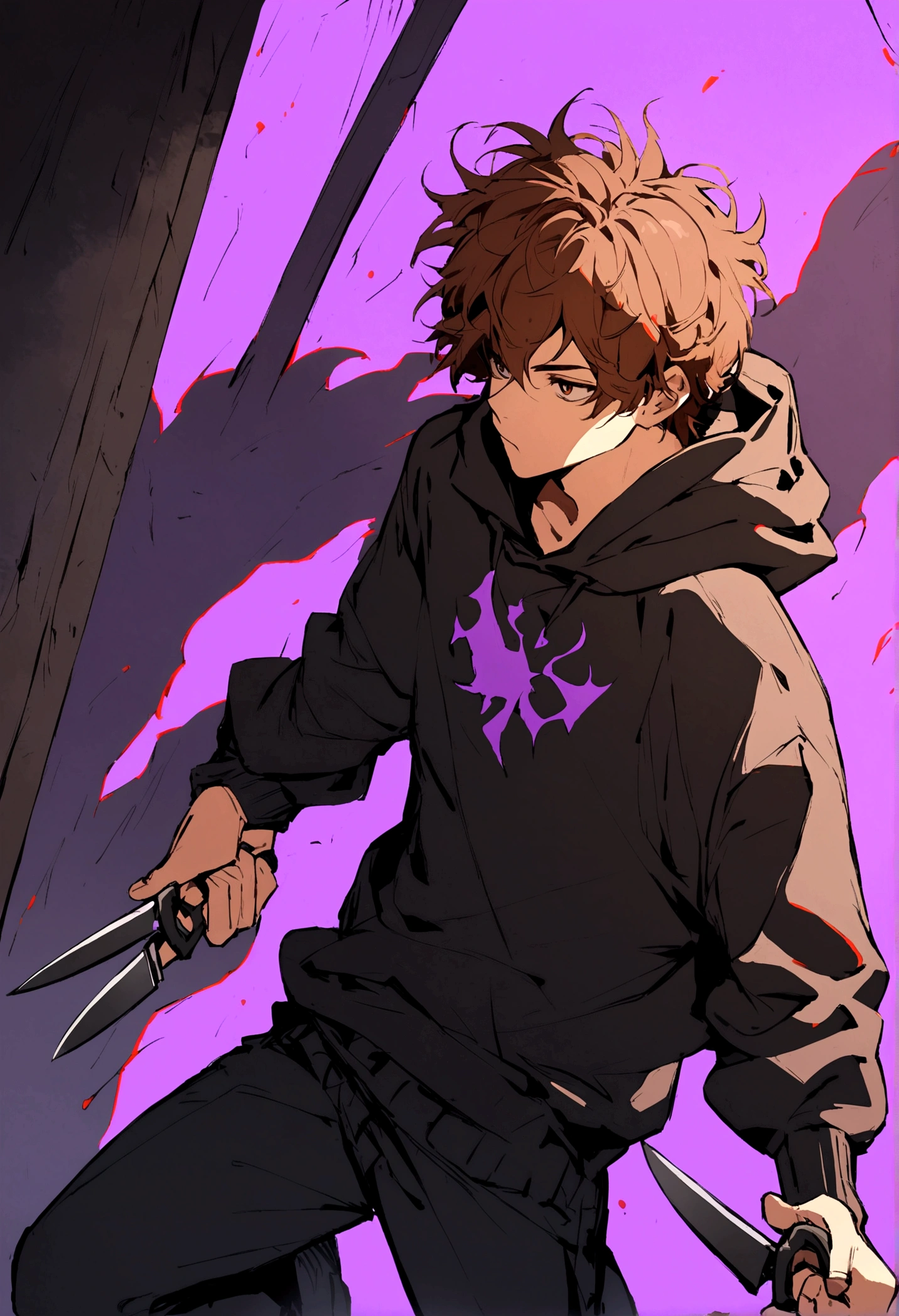 1boy, brown hair, black hoodie, black pants, two kitchen knifes, hell fire in the background, dark shadow above him, the fire is purple