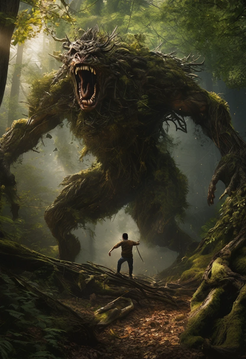 (Award-winning masterpiece:1.5), (incredible detail), (hyper realistic:1.4), (whole body:1.7), (group trying to retreat but paralyzed by panic), (man raising broken branch in defense), (creature easily knocking it away), (screams of pain echoing through forest), (dark forest), (dramatic lighting), (intricate details:1.1)