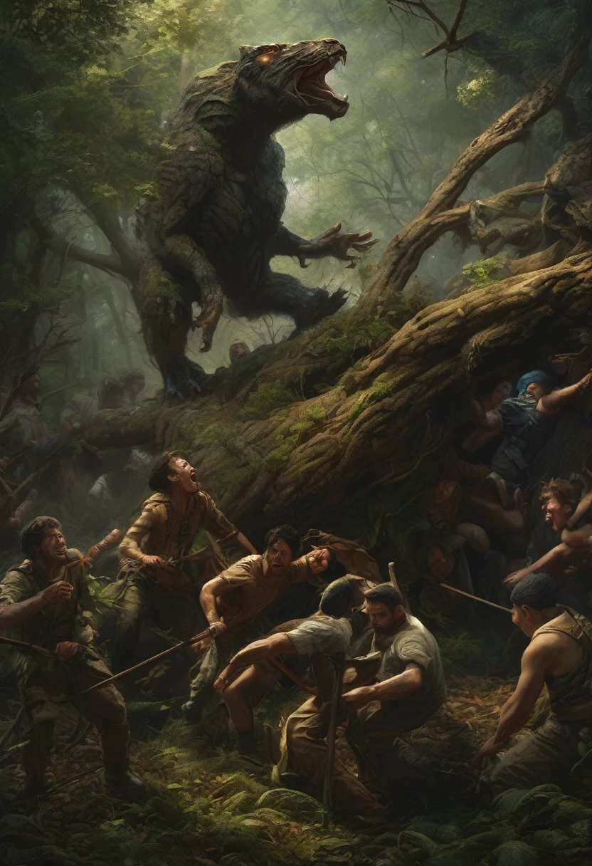 (Award-winning masterpiece:1.5), (incredible detail), (hyper realistic:1.4), (whole body:1.7), (group trying to retreat but paralyzed by panic), (man raising broken branch in defense), (creature easily knocking it away), (screams of pain echoing through forest), (dark forest), (dramatic lighting), (intricate details:1.1)