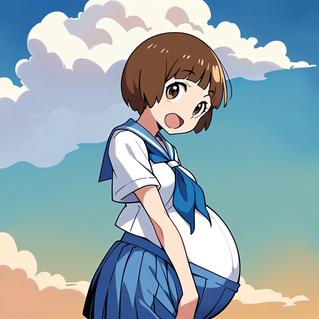 score_9, score_8_up, score_7_up, source_anime, masterpiece,  1girl, mako, , skinny, blue sailor collar, serafuku, blue neckerchief, pleated skirt,  cowboy shot, looking at viewer, clouds, sky, blue sky, day, portrait v, open mouth, from side, hyper-pregnant 