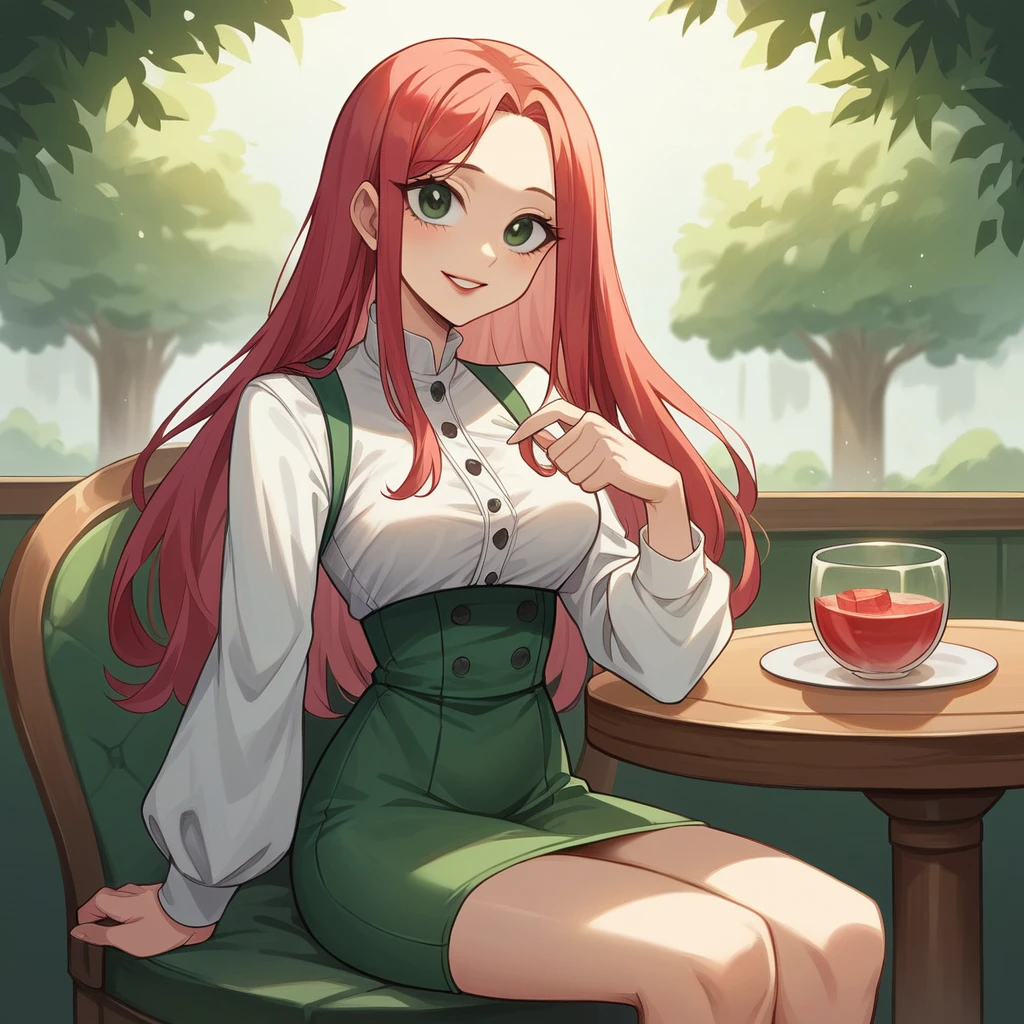 ((Top quality, 8K, Masterpiece: 1.3)), Beautiful girl, Pure, Melon face, Kind and cute, Sweet smile, Pure desire, Slender body, (Front), (Tilted head), ((Looking at camera) ), wearing a rose colored suit, black silky long hair, long flowing shoulders, round black big eyes, clear big eyes, moist red lips, sweet, sitting on a chair, cafe background ,(((waist shot))),,