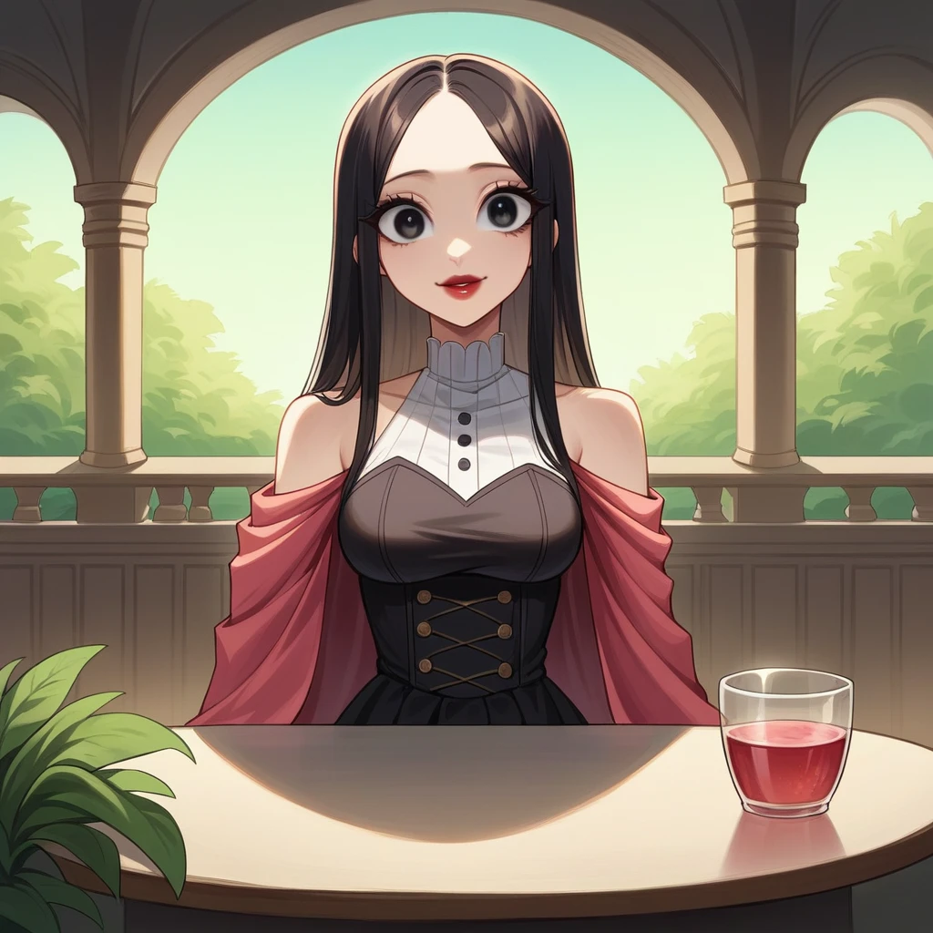 ((Top quality, 8K, Masterpiece: 1.3)), Beautiful girl, Pure, Melon face, Kind and cute, Sweet smile, Pure desire, Slender body, (Front), (Tilted head), ((Looking at camera) ), wearing a rose colored suit, black silky long hair, long flowing shoulders, round black big eyes, clear big eyes, moist red lips, sweet, sitting on a chair, cafe background ,(((waist shot))),,