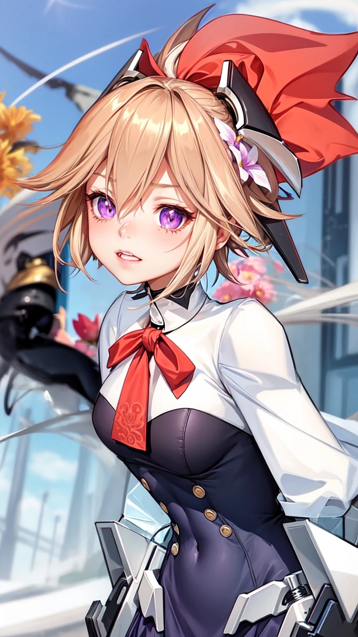 realistic, 1girl, white hair, purple eyes, glowing eyes, crop top, skirt, parted lips, blush, night, flowers, sun, sunlight,