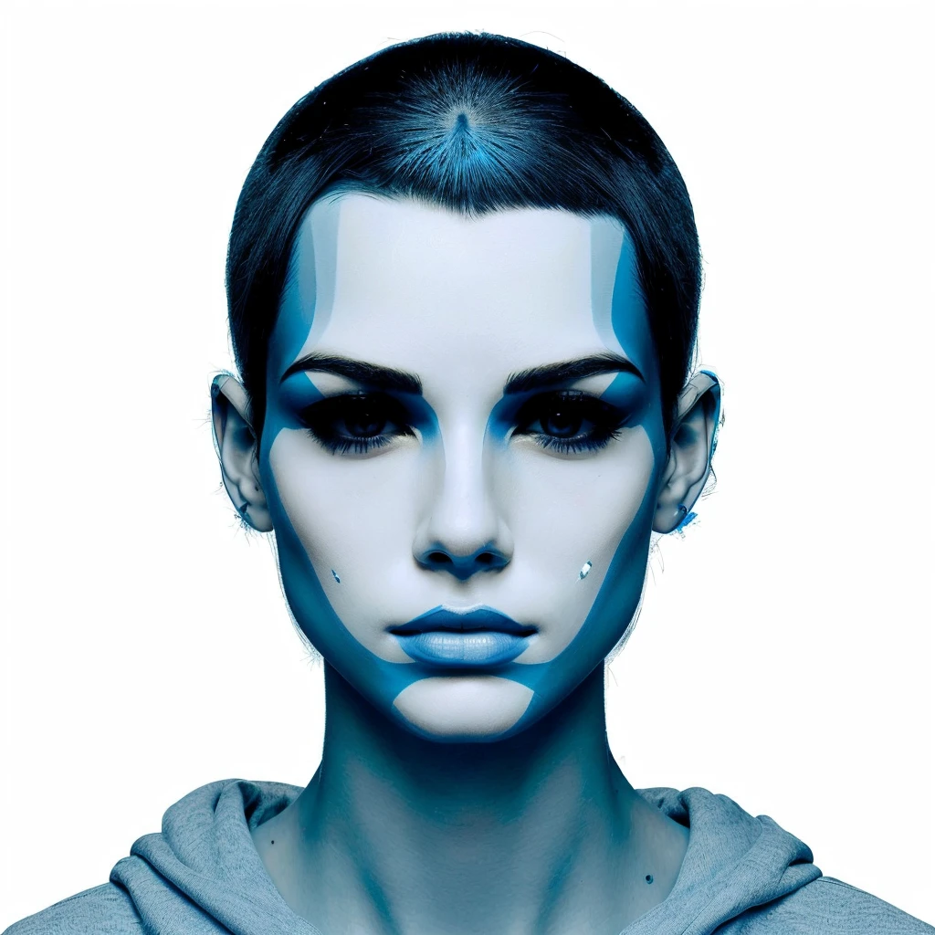 there is a woman with a blue face and a hoodie, yo virtual, attractive androgynous humanoid, Clean symmetrical face, blue head, androgynous face, symmetrical portrait science fiction, thin symmetrical face, Vogue's symmetrical facial portrait, Portrait of humanoid woman, Symmetrical illustration of faces, symmetry!! cyborg portrait