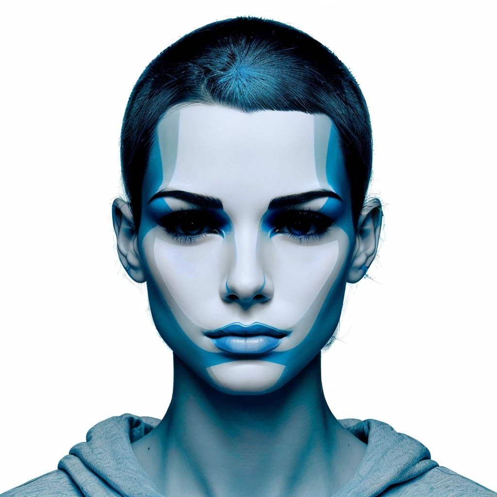 there is a woman with a blue face and a hoodie, yo virtual, attractive androgynous humanoid, Clean symmetrical face, blue head, androgynous face, symmetrical portrait science fiction, thin symmetrical face, Vogue's symmetrical facial portrait, Portrait of humanoid woman, Symmetrical illustration of faces, symmetry!! cyborg portrait