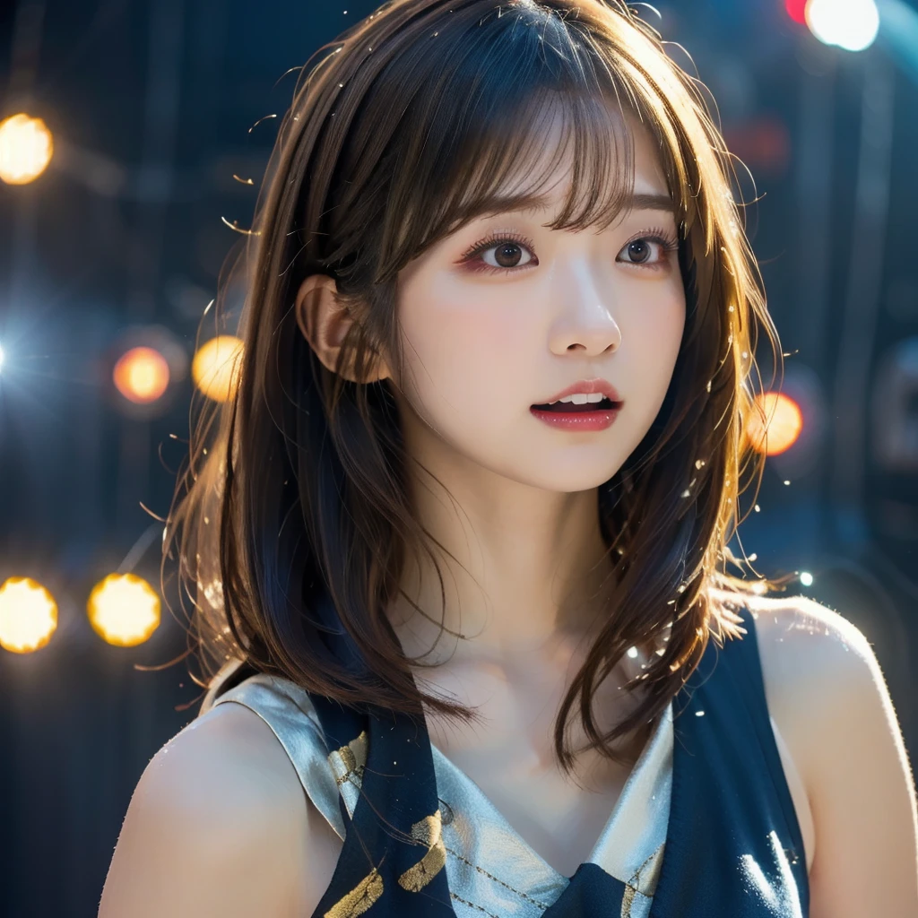 (RAW Photo, Best Quality), (Realistic, Photo Realistic: 1.3), Best Quality, Highly Detailed, Masterpiece, Ultra Detailed, 1 Japanese girl, upper_body, Dynamic Angle, Extremely Detailed CG Unified 8k Wallpaper, Ink, Amazing, Movie upper_body, World Mastery Theater, messy_long_hair, Best Quality, Extremely Detailed CG Unified 8k Wallpaper, Ink, Amazing, Movie Lights, lens_flare, Detailed Face, (Deliberate expression: 1.5), sony master shot, Japanese idol singing and dancing on stage, (idol-stage-costume:1.5), hi-res screenshot, nicovideo, normal hands, nice studio lighting, vhs screenshot, beautiful fine face