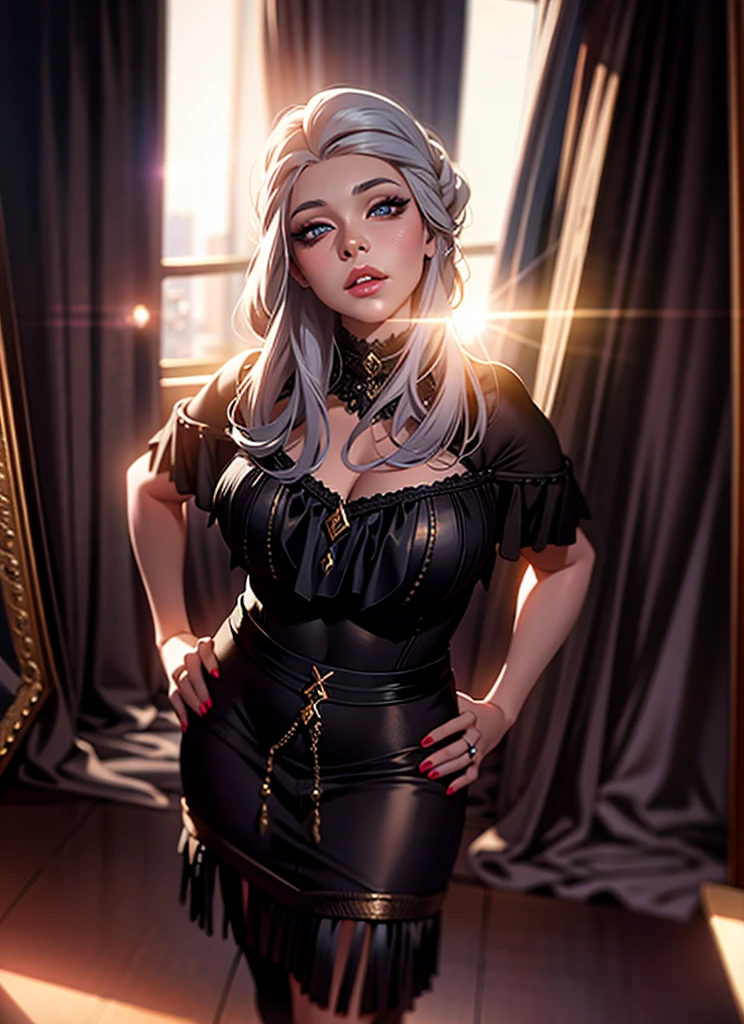 a woman standing, beautiful detailed eyes, beautiful detailed lips, extremely detailed eyes and face, longeyelashes, elegant dress, cinematic lighting, dramatic shadows, intricate background details, highly detailed, 8k, photorealistic, masterpiece, digital painting, warm color tones, dramatic lighting