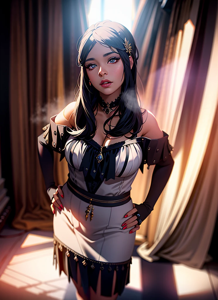 a woman standing, beautiful detailed eyes, beautiful detailed lips, extremely detailed eyes and face, longeyelashes, elegant dress, cinematic lighting, dramatic shadows, intricate background details, highly detailed, 8k, photorealistic, masterpiece, digital painting, warm color tones, dramatic lighting