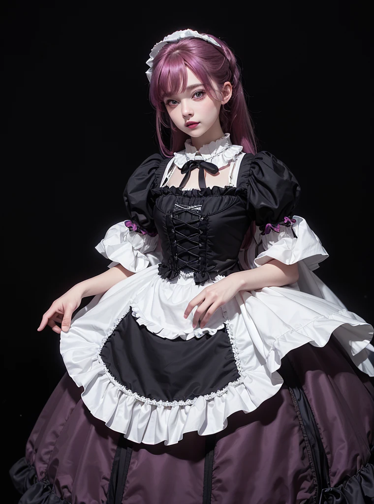 a beautiful girl,magenta hair,looking at the viewer,standing,happy face,(Very Detailed: 1.3),ultra realistic,HDR,(High Dynamic Range),8K RAW,(((1GIRL))),(((wearing ta dress))),(((black background))),masterpiece,best quality,perfect proportions