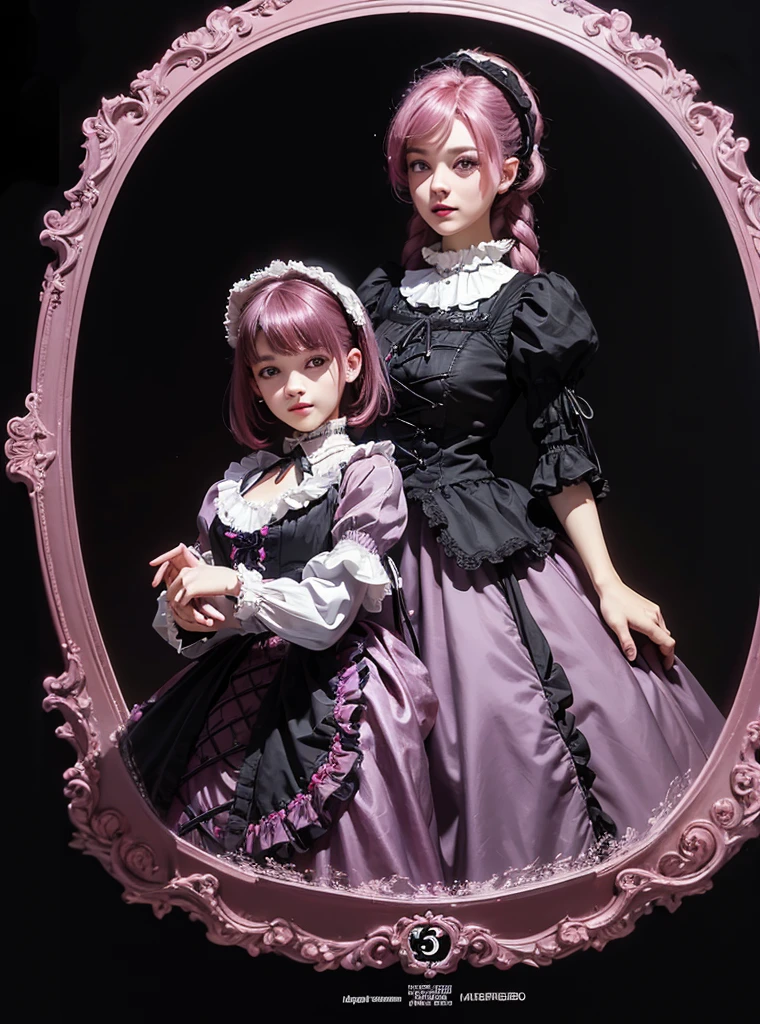 a beautiful girl,magenta hair,looking at the viewer,standing,happy face,(Very Detailed: 1.3),ultra realistic,HDR,(High Dynamic Range),8K RAW,(((1GIRL))),(((wearing lolita dress))),(((black background))),masterpiece,best quality,perfect proportions