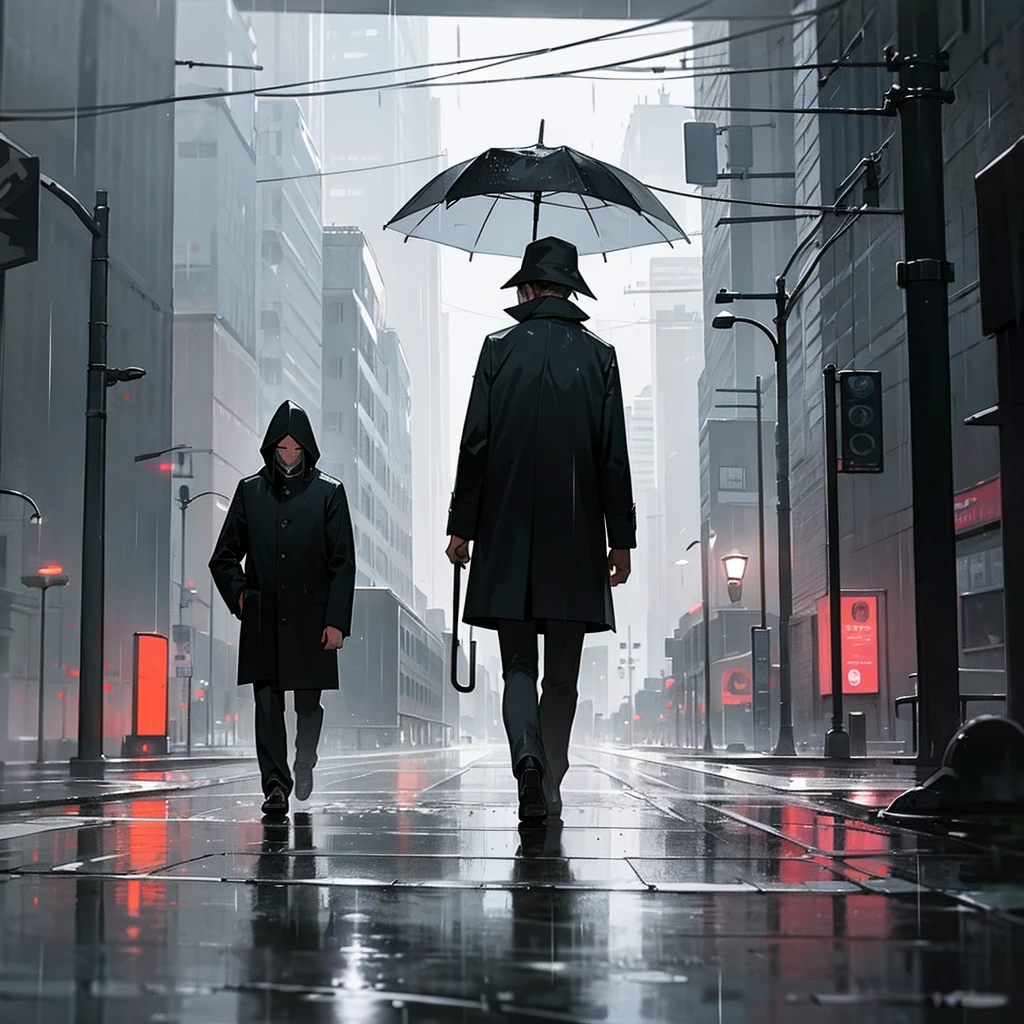 white and black, man walking depressed under the rain, depressing enviroment, rain, city