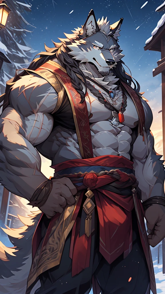 elder,gentle and soft,icey magic power,long white beard,long braided hair,solo, kemono, (old grey wolf), anthro (old wolf), anthro, male, anthro male (old wolf), anthro (old wolf), tail,muscles, handsome, general, loose cloth ,bulge, big abs, northern area,wind and snowstorm,perfect lighting, (light particles),(best quality),(masterpiece),(ultra detailed),sharp focus, light particles, strong, serious,rippled muscles, ultradetailed face, ultradetailed eyes, looking at viewer, good looking, bareness, ((detailed face)),a lot of scars,the elder,elder face