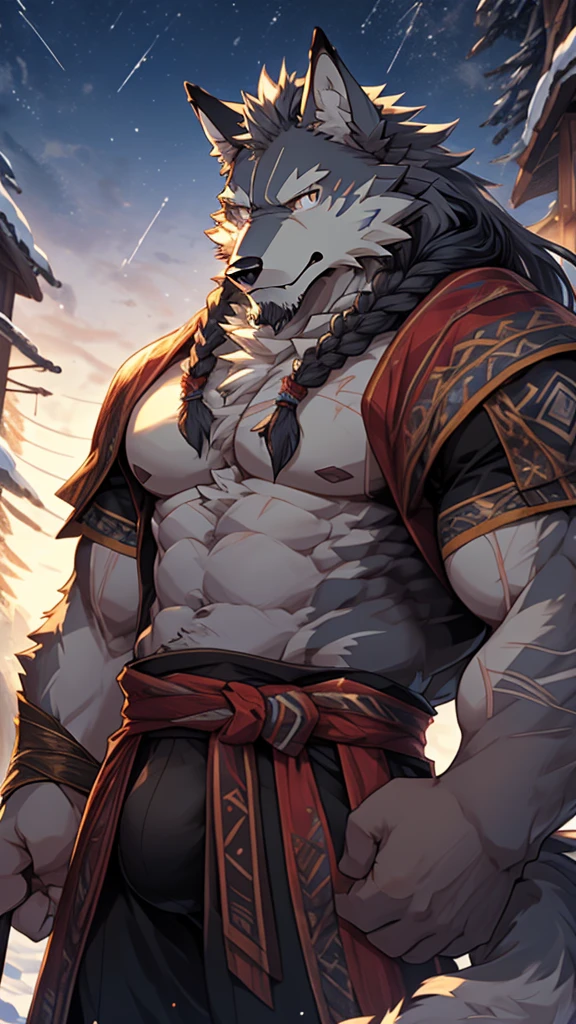 elder,gentle and soft,icey magic power,long white beard,long braided hair,solo, kemono, (old grey wolf), anthro (old wolf), anthro, male, anthro male (old wolf), anthro (old wolf), tail,muscles, handsome, general, loose cloth ,bulge, big abs, northern area,wind and snowstorm,perfect lighting, (light particles),(best quality),(masterpiece),(ultra detailed),sharp focus, light particles, strong, serious,rippled muscles, ultradetailed face, ultradetailed eyes, looking at viewer, good looking, bareness, ((detailed face)),a lot of scars,the elder,elder face