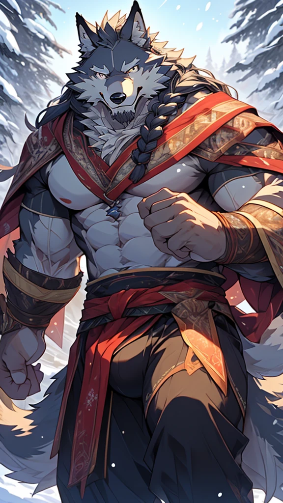 elder，gentle and soft，icey magic power，long white beard，long braided hair，solo, kemono, (old grey wolf), anthro (old wolf), anthro, male, anthro male (old wolf), anthro (old wolf), tail,muscles, handsome, general, loose cloth ,bulge, big abs, northern area,wind and snowstorm,perfect lighting, (light particles),(best quality),(masterpiece),(ultra detailed),sharp focus, light particles, strong, serious,rippled muscles, ultradetailed face, ultradetailed eyes, looking at viewer, good looking, bareness, ((detailed face)),a lot of scars,the elder，elder face