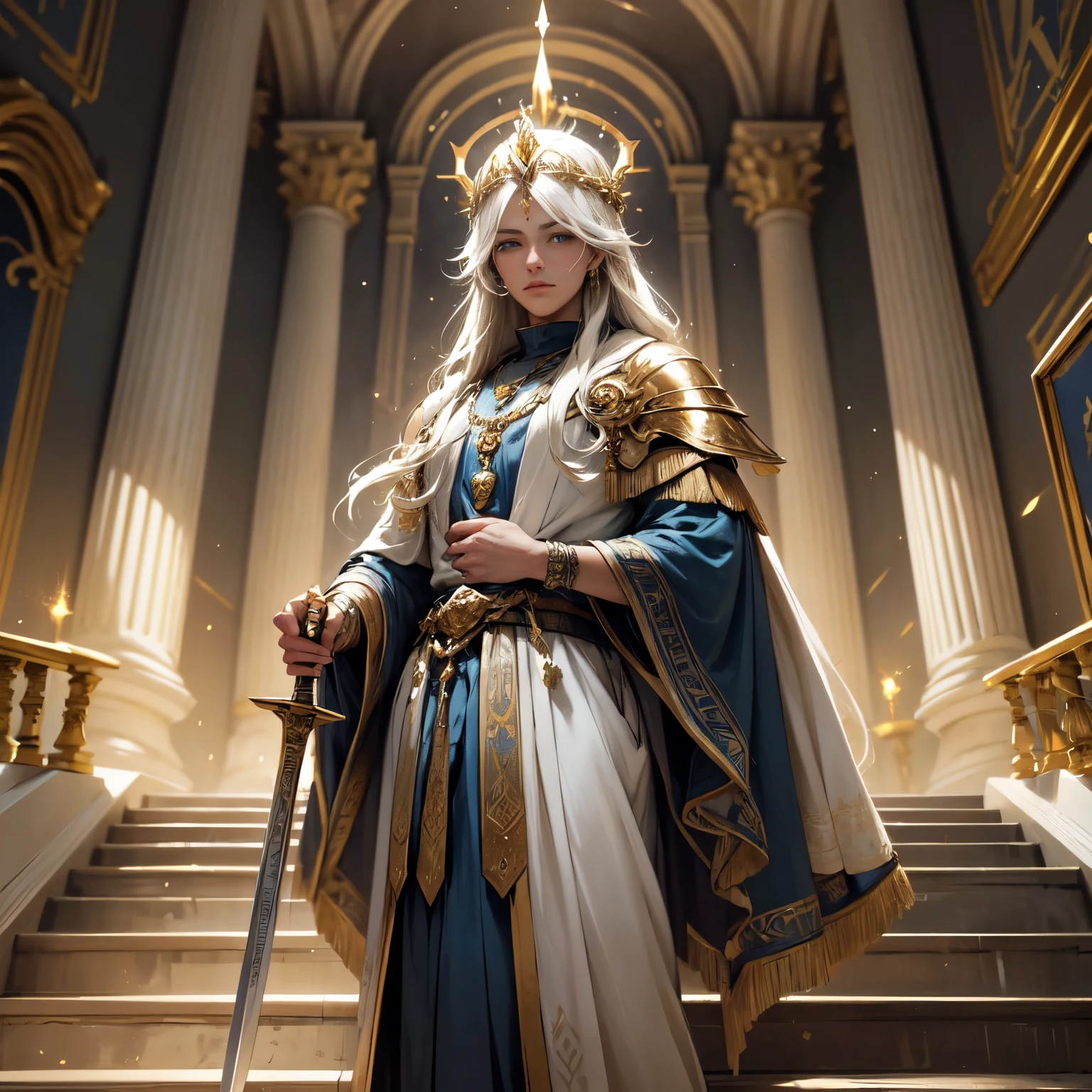 Create an 8K ultra HD digital image of a majestic, blonde-haired Aasimar Druid from the Circle of Dreams, longos e ondulados, dressed in druidic regalia of royalty, going down the royal stairs of the castle. The druid has light blue eyes and dark skin.. He is dressed in a royal blue velvet robe with gold and silver trim., Adorned with magical jewels that glow softly. He wears a silver crown with precious stones, silver bracelets on her wrists and a magical amulet around her neck. On the royal stairs, the druid wields the Sword of Zeus. The sword is made of celestial gold and emits golden rays, with divine inscriptions along the blade that shine brightly. The hilt of the sword is adorned with small rays and lightning., symbolizing his supreme power. He holds the sword in a confident pose, pronto para enfrentar qualquer desafio, while electric sparks dance around you. The Sword of Zeus is known for its ability to control thunder and lightning, and an aura of divine power emanates from her. The royal stairs are wide and majestic, with white marble steps and finely crafted gold handrails. Crystal chandeliers hang from the high ceiling, illuminating each step with a soft glow. Detailed tapestries adorn the walls along the staircase, telling stories of glory and bravery. The image must capture the grandeur and grandeur of the real stairs, highlighting the druid&#39;s interaction with the Sword of Zeus.