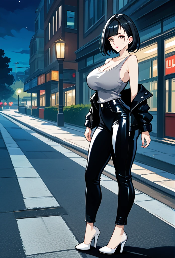 mature woman, mature face, hot face, glossy lips, (black hair, short hair, hime bangs), sunglasses, mature body, big breast, gray tank top, black leather jacket, tight pants, sidewalk, (night), side view