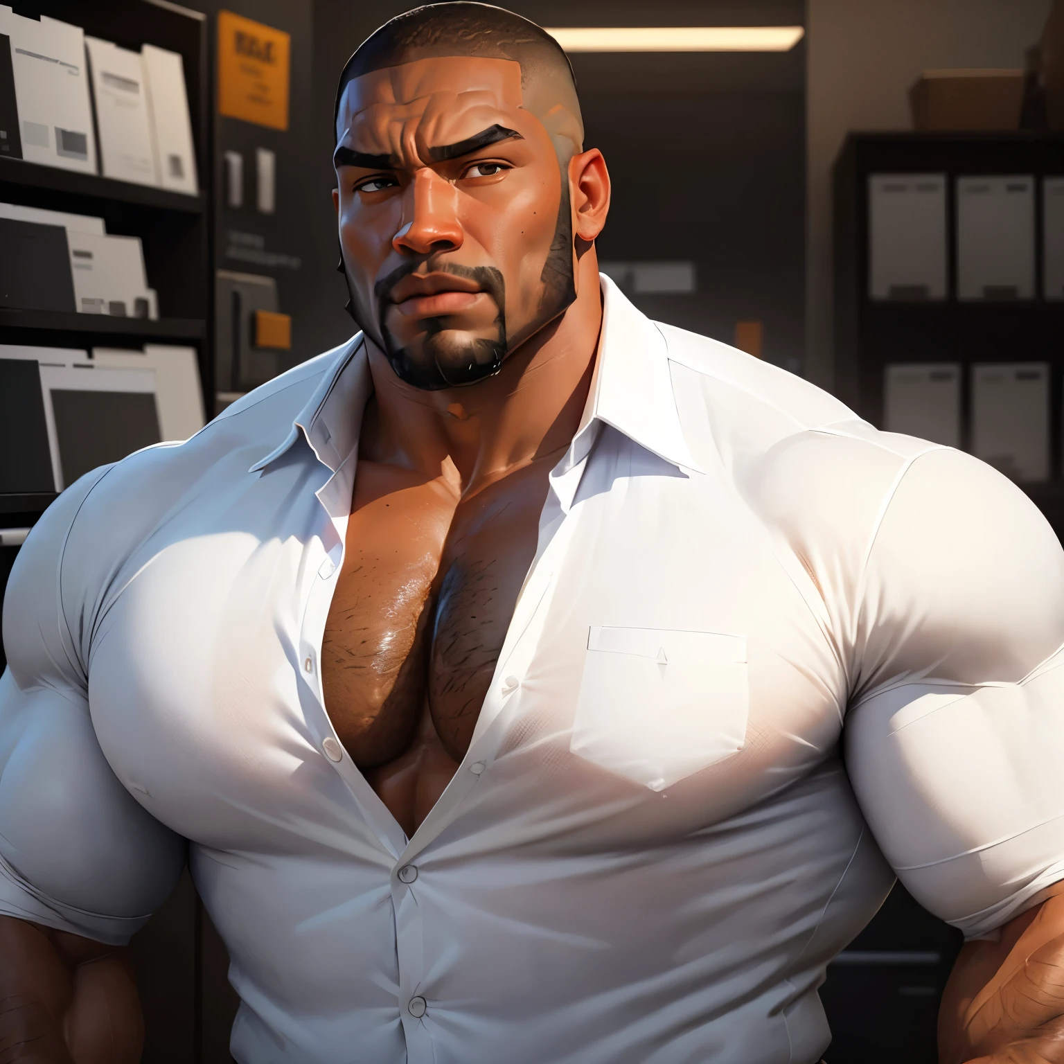 an exaggeratedly muscular and large bodyguard, beefy build, beard, dark-skinned african american male, buzzcut hair with square line, (confused expression: 1.2), (wearing white business shirt: 1.2), unbuttoned shirt, (bara pecs: 1.3), beefy pecs, (arm and chest hair: 1.2), portrait HD, (electronics store isles)