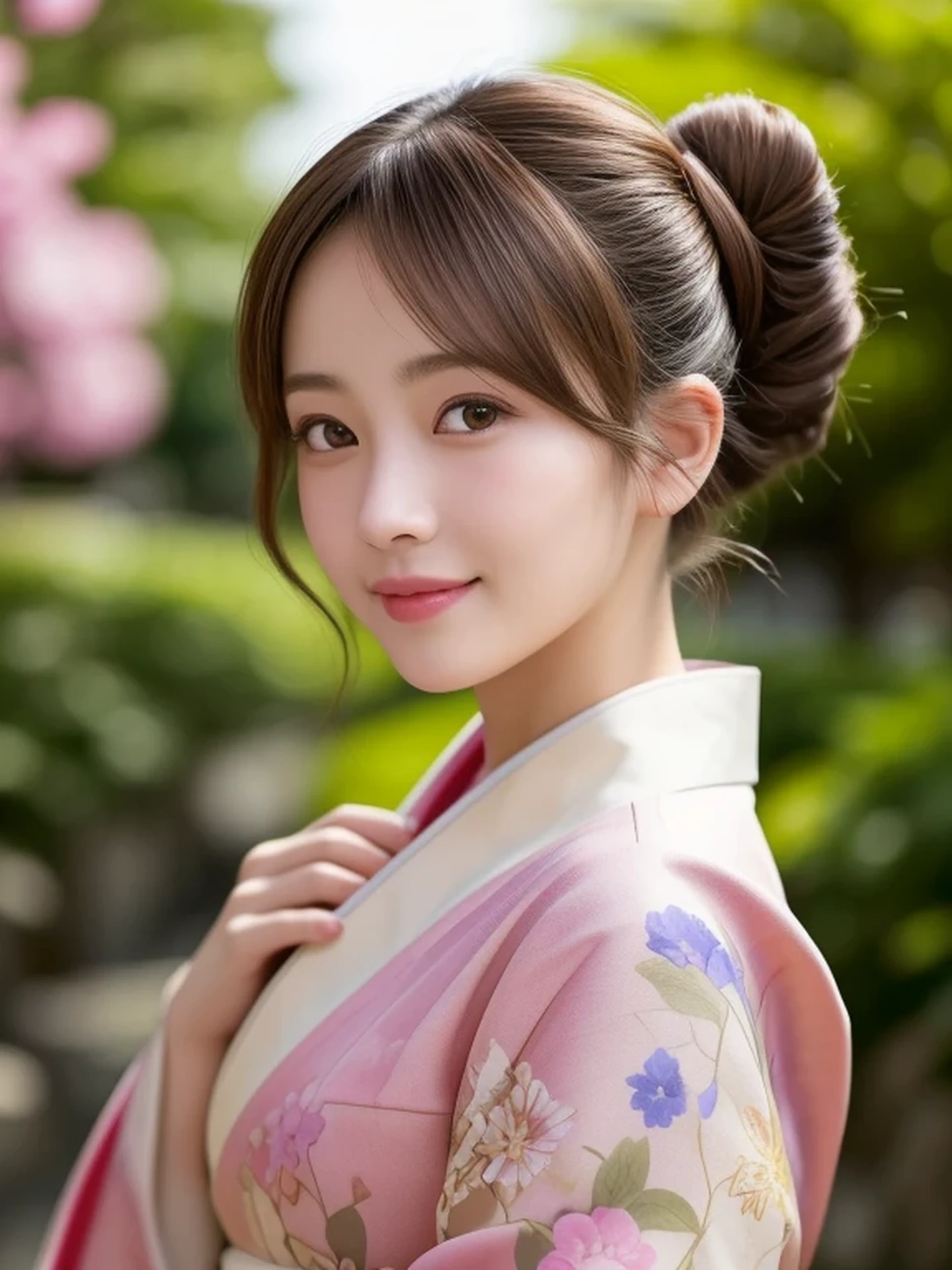 1 Japanese girl, (Looking at Viewer
:1.4), (upper body shot:1.2), Beautifully detailed eyeballs, catchlight in the eyes, Realistic digital painting of a woman portrait, Shy, Cute, happy smile, brown eyes, (half updo,:1.1), (light brown brunette hair:1.3), (Highly detailed skin:1.2), Mystical style, Global Illumination, Traditional Japanese floral printed Kimono, A silk kimono with pink base.