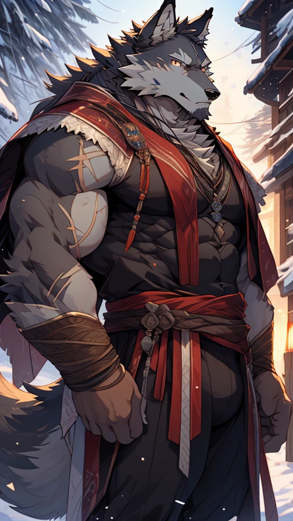 elder,long white beard,long braided hair,solo, kemono, (old grey wolf), anthro (old wolf), anthro, male, anthro male (old wolf), anthro (old wolf), tail,muscles, handsome, general, loose cloth ,bulge, big abs, northern area,wind and snowstorm,perfect lighting, (light particles),(best quality),(masterpiece),(ultra detailed),sharp focus, light particles, strong, serious,rippled muscles, ultradetailed face, ultradetailed eyes, looking at viewer, good looking, bareness, ((detailed face)),a lot of scars,the elder,elder face
