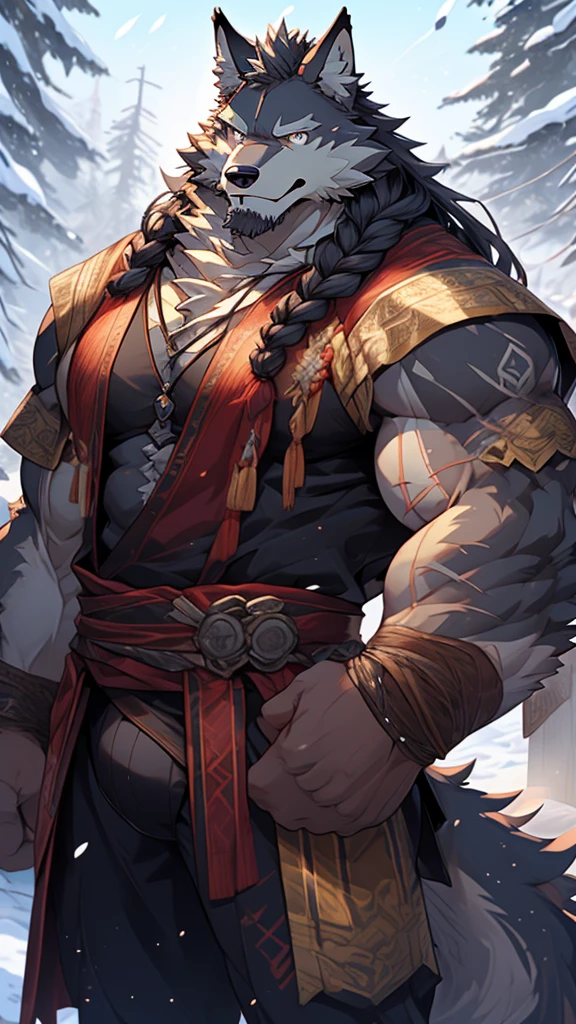 elder，long white beard，long braided hair，solo, kemono, (old grey wolf), anthro (old wolf), anthro, male, anthro male (old wolf), anthro (old wolf), tail,muscles, handsome, general, loose cloth ,bulge, big abs, northern area,wind and snowstorm,perfect lighting, (light particles),(best quality),(masterpiece),(ultra detailed),sharp focus, light particles, strong, serious,rippled muscles, ultradetailed face, ultradetailed eyes, looking at viewer, good looking, bareness, ((detailed face)),a lot of scars,the elder，elder face