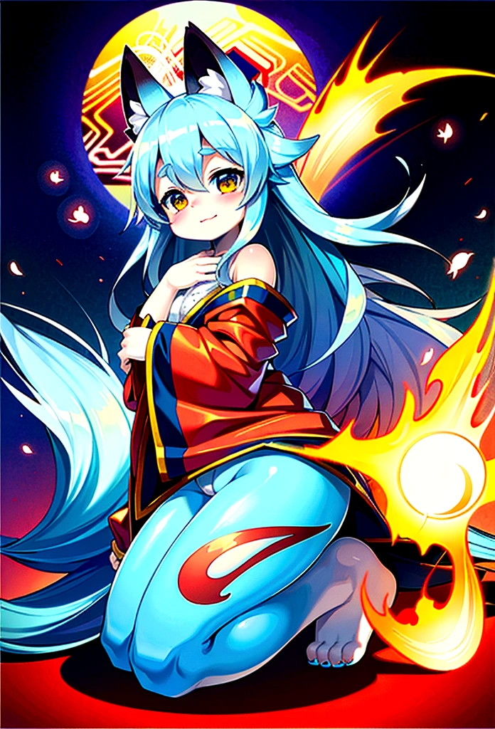 fox Light blue hair 　beast girl　indigo fur　fox beast girl　fox Light blue hair 　beast girl　indigo fur　fox beast girl　Wallpaper 4k,8k,highly detailled,,vivid colors,detailed kitsune with 9 tails,traditional Japanese artwork,tatami floor,beautiful cherry blossoms,floating lanterns,dark silhouette of a pagoda,subtle moonlight,dense forest,ethereal atmosphere,dappled sunlight,whimsical spirit,serene expression,elaborate kimono and obi,delicate hand-painted details,luminous eyes　Anime Style　fox　blue　White-faced golden-haired nine-tailed fox　Coat blue　　　mysterious background　Blue Flame　girl　have a ball of light Anime Style　fox　blue　White-faced golden-haired nine-tailed fox　Coat blue　　　mysterious background　Blue Flame　girl　have a ball of light