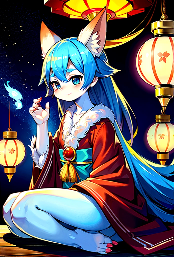 fox Light blue hair 　beast girl　indigo fur　fox beast girl　fox Light blue hair 　beast girl　indigo fur　fox beast girl　Wallpaper 4k,8k,highly detailled,,vivid colors,detailed kitsune with 9 tails,traditional Japanese artwork,tatami floor,beautiful cherry blossoms,floating lanterns,dark silhouette of a pagoda,subtle moonlight,dense forest,ethereal atmosphere,dappled sunlight,whimsical spirit,serene expression,elaborate kimono and obi,delicate hand-painted details,luminous eyes　Anime Style　fox　blue　White-faced golden-haired nine-tailed fox　Coat blue　　　mysterious background　Blue Flame　girl　have a ball of light Anime Style　fox　blue　White-faced golden-haired nine-tailed fox　Coat blue　　　mysterious background　Blue Flame　girl　have a ball of light