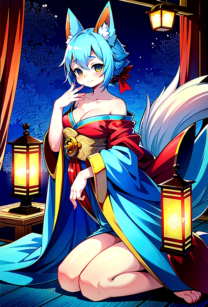 fox Light blue hair 　beast girl　indigo fur　fox beast girl　fox Light blue hair 　beast girl　indigo fur　fox beast girl　Wallpaper 4k,8k,highly detailled,,vivid colors,detailed kitsune with 9 tails,traditional Japanese artwork,tatami floor,beautiful cherry blossoms,floating lanterns,dark silhouette of a pagoda,subtle moonlight,dense forest,ethereal atmosphere,dappled sunlight,whimsical spirit,serene expression,elaborate kimono and obi,delicate hand-painted details,luminous eyes　Anime Style　fox　blue　White-faced golden-haired nine-tailed fox　Coat blue　　　mysterious background　Blue Flame　girl　have a ball of light Anime Style　fox　blue　White-faced golden-haired nine-tailed fox　Coat blue　　　mysterious background　Blue Flame　girl　have a ball of light