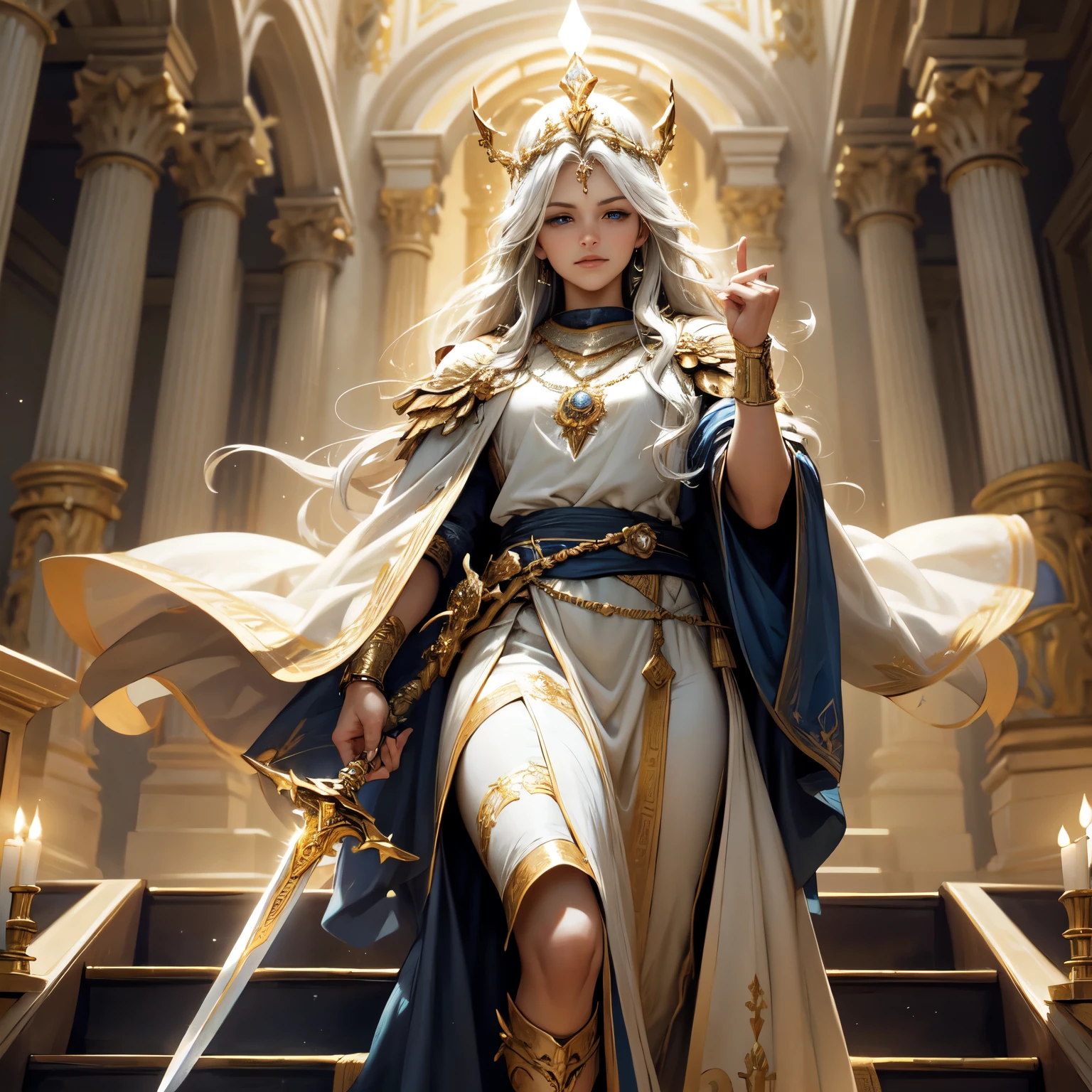 Create an 8K ultra HD digital image of a majestic, blonde-haired Aasimar Druid from the Circle of Dreams, longos e ondulados, dressed in druidic regalia of royalty, going down the royal stairs of the castle. The druid has light blue eyes and dark skin.. He is dressed in a royal blue velvet robe with gold and silver trim., Adorned with magical jewels that glow softly. He wears a silver crown with precious stones, silver bracelets on her wrists and a magical amulet around her neck. On the royal stairs, the druid wields the Sword of Zeus. The sword is made of celestial gold and emits golden rays, with divine inscriptions along the blade that shine brightly. The hilt of the sword is adorned with small rays and lightning., symbolizing his supreme power. He holds the sword in a confident pose, pronto para enfrentar qualquer desafio, while electric sparks dance around you. The Sword of Zeus is known for its ability to control thunder and lightning, and an aura of divine power emanates from her. The royal stairs are wide and majestic, with white marble steps and finely crafted gold handrails. Crystal chandeliers hang from the high ceiling, illuminating each step with a soft glow. Detailed tapestries adorn the walls along the staircase, telling stories of glory and bravery. The image must capture the grandeur and grandeur of the real stairs, highlighting the druid's interaction with the Sword of Zeus.
