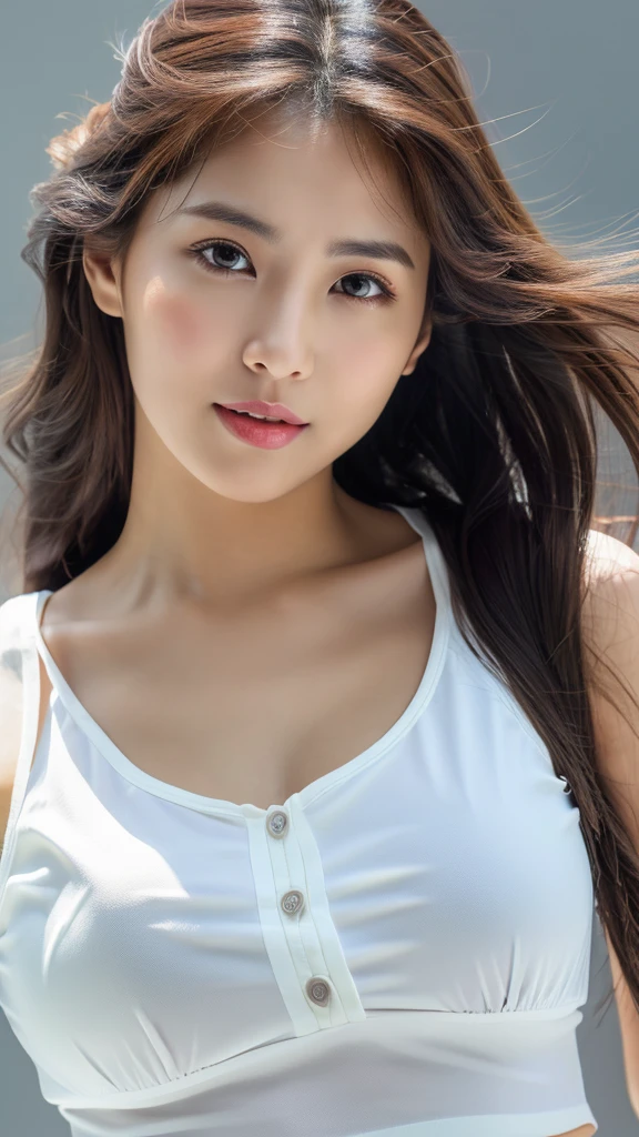 (detailed face),((crotch)),normal breasts,pretty,white sleeveless shirt blouse,4k ,super high resolution ,(photo-realistic: 1.7), gray background,long hair,