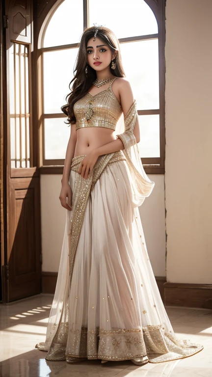 Beautiful and cute 13 year old Pakistani girl , Wearing traditional Indian lahenga choli , Full body cover , Her white skin and slim figure、It doesn't match her large breasts.。. , Very large breasts , Slim Belly , Beautiful Eyes , big , 8k quality photos,Lying on a bed in a bedroom with a luxurious interior