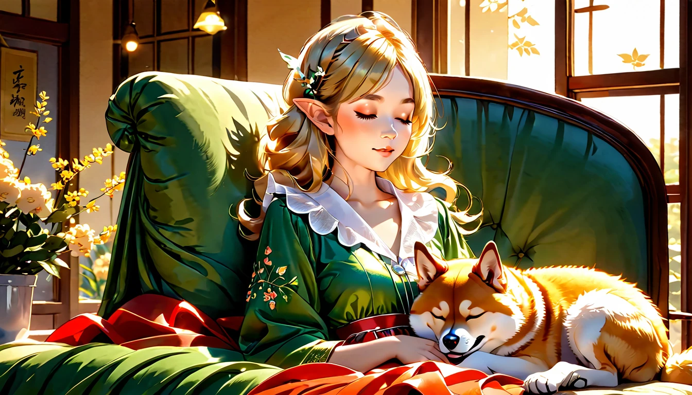 Japanese animation style、Digitally created illustration of an adult elf woman sleeping with her eyes closed on a sofa in a sunny coffee shop、She is wearing a frilly silk dress、Sleeping with her pet Shiba Inu、The Shiba Inu needs to sleep curled up next to her.、Relaxed facial expression、Long, loosely wavy blonde hair、Dappled sunlight coming through the window、The soft morning light shines in、Calm atmosphere、Detailed and clear drawing、Warm and gentle colors、Drawing from a top-down perspective