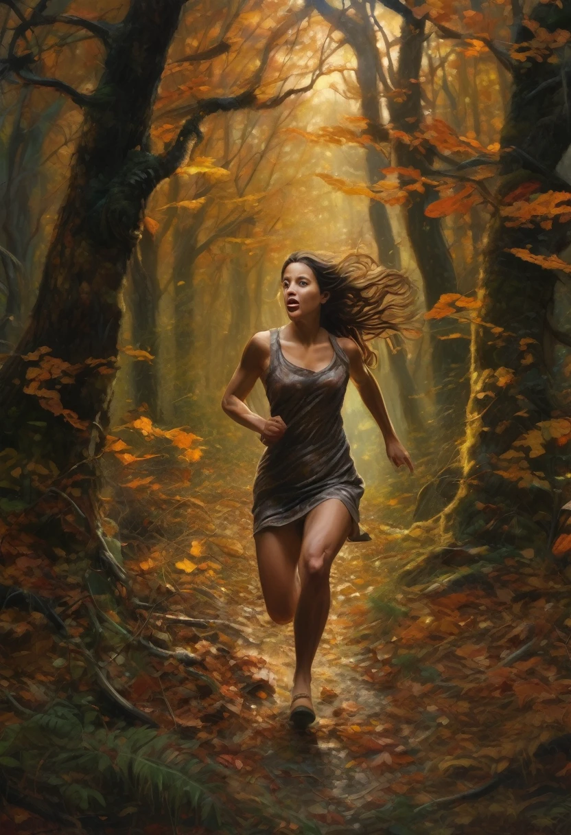 (Award-winning masterpiece:1.5), (incredible detail), (hyper realistic:1.4), (whole body:1.7), (women trying to run but creature catching up instantly), (sound of breaking branches and trampled leaves), (screams of terror), (forest closing around them), (dark forest), (dramatic lighting), (intricate details:1.1)