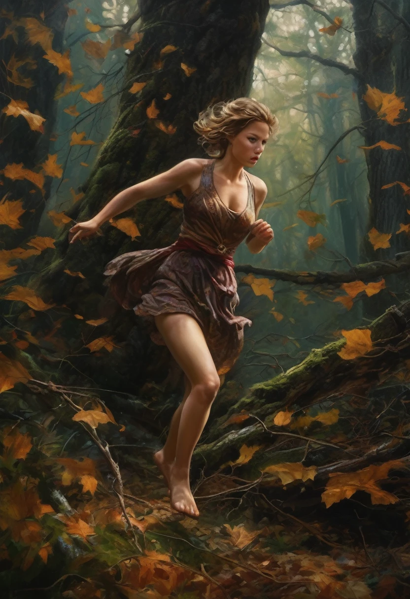 (Award-winning masterpiece:1.5), (incredible detail), (hyper realistic:1.4), (whole body:1.7), (women trying to run but creature catching up instantly), (sound of breaking branches and trampled leaves), (screams of terror), (forest closing around them), (dark forest), (dramatic lighting), (intricate details:1.1)