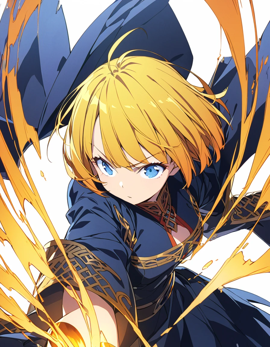 A girl fighting with golden flames (Short Bob Hair:1.4),(Blue eyes)輝く炎