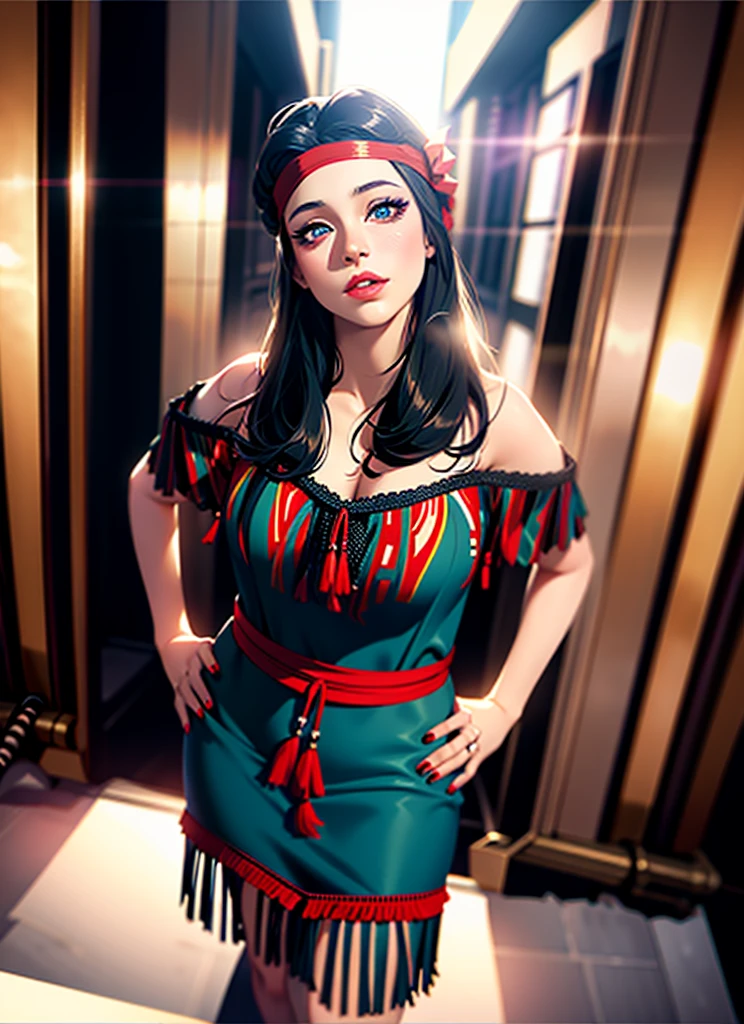 a woman standing, beautiful detailed eyes, beautiful detailed lips, extremely detailed eyes and face, longeyelashes, elegant dress, cinematic lighting, dramatic shadows, intricate background details, highly detailed, 8k, photorealistic, masterpiece, digital painting, warm color tones, dramatic lighting