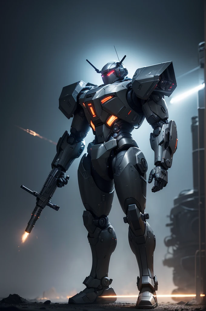 (best quality,4k,8k,highres,masterpiece:1.2), ultra-detailed, (realistic,photorealistic,photo-realistic:1.37), military, futuristic, high-tech, power-driven mech suit standing at 2 meters tall. The suit has a massive Gatling gun attached to its left arm, a missile launcher on its left shoulder, and a plasma cannon on its right shoulder. The mech suit is a combination of advanced technology and military aesthetics. The suit's metallic surface reflects light with extreme precision, showcasing its intricate details. The overall color scheme is a blend of dark, matte tones with hints of vibrant accents, creating a futuristic and visually striking appearance. The suit is surrounded by a dynamic lighting setup, highlighting its powerful presence. The scene captures the essence of a future battlefield, with the mech suit ready for action, radiating strength and cutting-edge military technology.