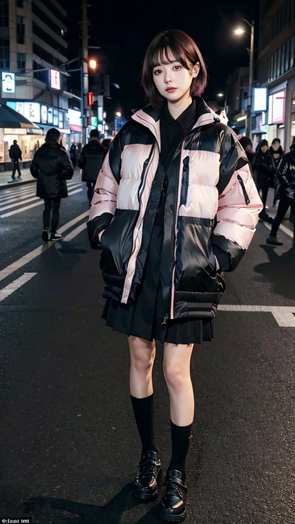 fullbody, (((wearing big black Down jacket ))), wearing long black skirt,// Bewitching eyes, well-balanced eyes, //street snap // ((facing viewer)), //at the street in tokyo, //japanese lady, pale skin, //droopy eyes,//short pink hair, //((standing)), high quality:1.3, Professional lighting:2.0 realistic:1.2, 4k resolution, detailed skin, masterpiece:1.1