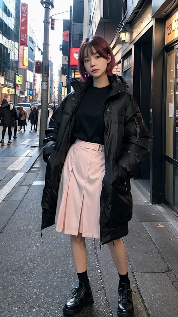 fullbody, (((wearing big black Down jacket ))), wearing long black skirt,// Bewitching eyes, well-balanced eyes, //street snap // ((facing viewer)), //at the street in tokyo, //japanese lady, pale skin, //droopy eyes,//short pink hair, //((standing)), high quality:1.3, Professional lighting:2.0 realistic:1.2, 4k resolution, detailed skin, masterpiece:1.1