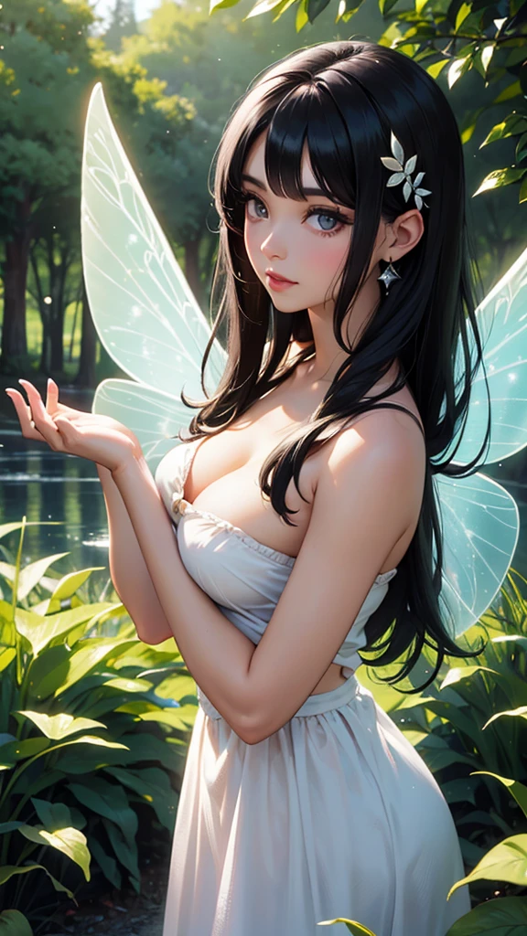A beautiful black-haired woman transformed into a light fairy