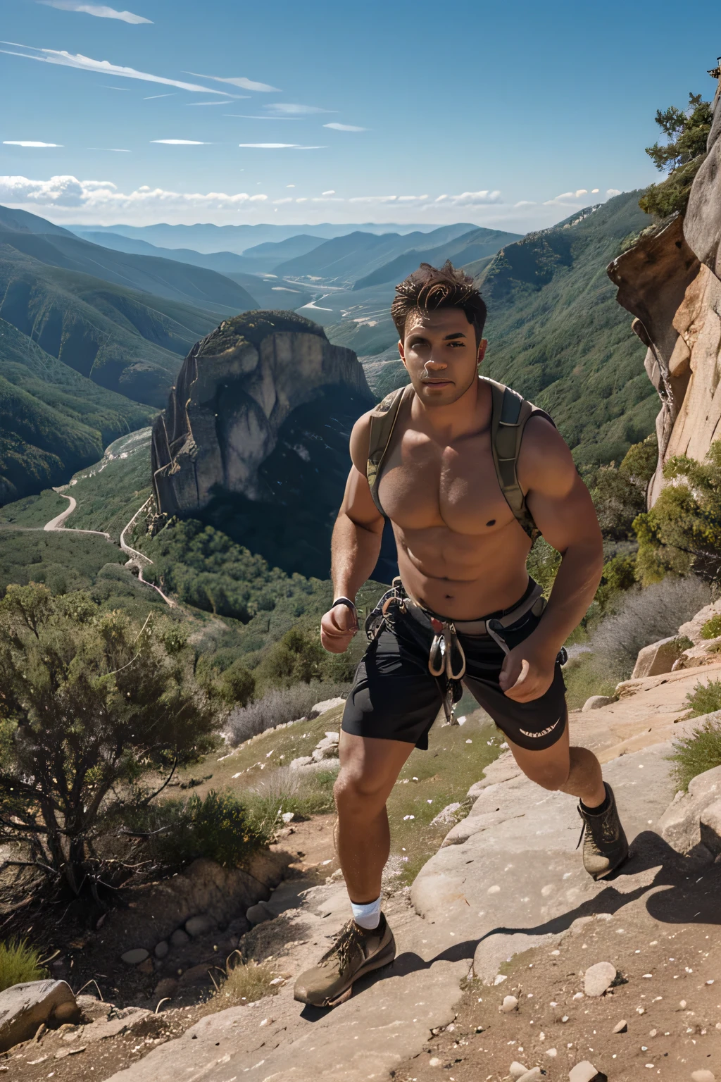 Generate an image of a man in peak physical condition participating in an outdoor adventure activity, such as hiking or rock climbing, with a breathtaking landscape in the background