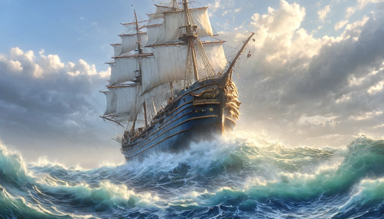 masterpiece, best quality, extremely detailed, hyperrealistic, photorealistic, sea, a ship splitting