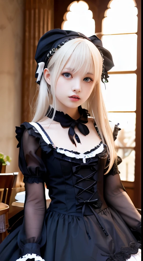 (Tabletop, Highest quality:1.2), 8K, 85mm, Official Art, RAW Photos, Absurd, Platinum Blonde Hair, (blue eyes, Lolita Fashion, Sweet Lolita, Gothic, dress:1.2), Idol's face, Upper Body, beautiful girl, Gardeniass, Copenhagen, Short sleeve, grace, Sophisticated, Gardenia, View your viewers, Film Grain, chromatic aberration, Sharp focus, Face Light, Dynamic Lighting, Cinema Lighting, Detailed face, Bokeh Background