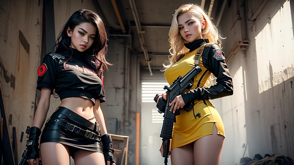 engine unreal:1.4,Ultra-realistic CG K, photorrealistic:1.4, texture skin:1.4, Masterpiece artwork:1.4,posing behind a beautiful woman holding a gun, , assault rifle, rifle kalashnikov, trigger_discipline, pronto com lingerie babydoll、sexy dress,Cyberpunk style yellow short clothes, red pantimedia , blue mini skirt,