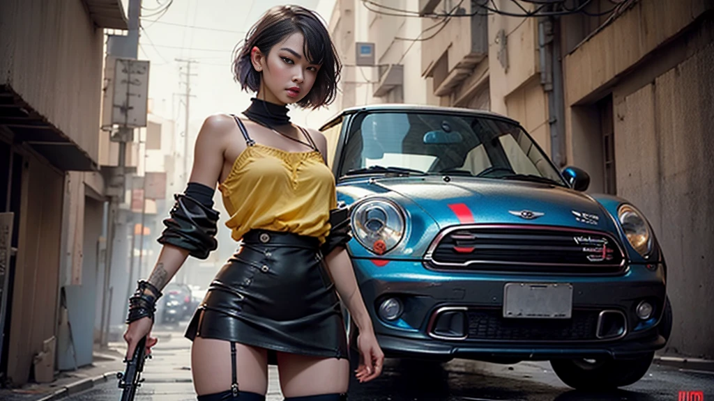 engine unreal:1.4,Ultra-realistic CG K, photorrealistic:1.4, texture skin:1.4, Masterpiece artwork:1.4,posing behind a beautiful woman holding a gun, , assault rifle, rifle kalashnikov, trigger_discipline, pronto com  babydoll、 dress,Cyberpunk style yellow short clothes, red pantimedia , blue ,