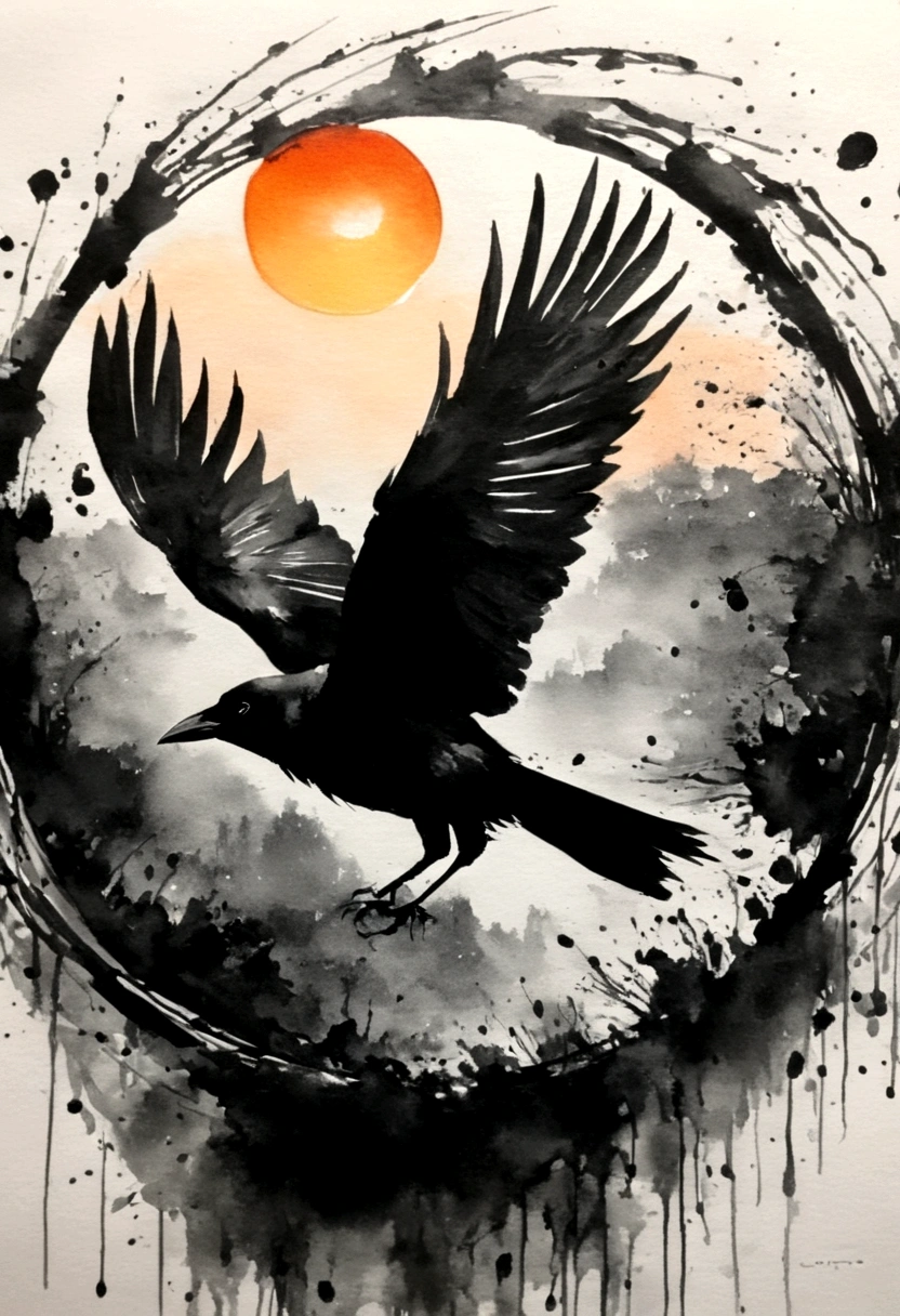 Ink painting,Black and white painting,Beautiful detailed painting,Draw a circle with a brush,(Crow from the circle splash:1.2),sunset,1 p,