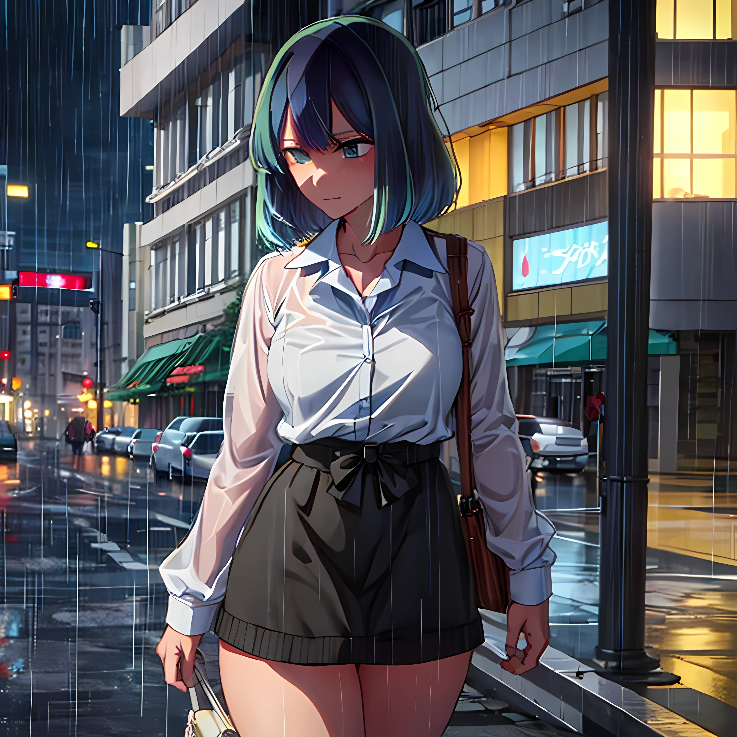 tall body, tall, long legs, mature woman, mature, adult, eft_oshi_akane, alone, 1 girl, blue hair, looking at viewer, medium hair, casual clothing, bangs, closed mouth, green eyes, multicolored hair, short hair, part wearable top, wet, bleached hair, blue eyes, rainy day, rain, in the rain, raindrops, storm, more details XL