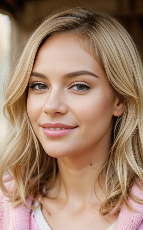 beautiful blonde woman with pretty smile wearing pink sweater. very detailled, 21 years old, inoccent face, natural wavy hair, olhos verdes de tamanho realisitic, expressive, with a slight shine that conveys intelligence and curiosity. Small and delicate nose. full and well-defined lips, beautiful and white teeth. high resolution, work of art, best qualityer, details Intricate, highy detailed, sharp focus, skin detailed, realisitic skin texture, texture, detailedeyes, proffesional, 4K, charming smile, filmed in canon, 85 mm, Shallow depth of field, kodak vision color, perfect shape body, extremely detaild, photoshot_\(ultra\), photorealisitic, realisitic, Post-processing, maximum detail, roughness, real-life, ultra realisitic, photoshotrrealismo, photoshotgrafia, 8k hd, photoshotgrafia