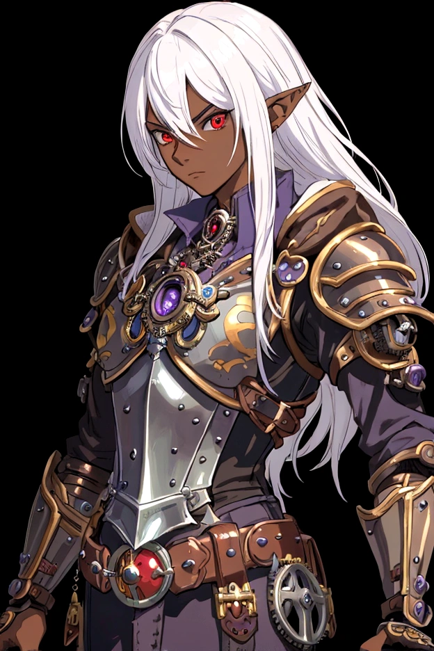 ((best quality)), ((masterpiece)), (detailed), ((boy)), ((mix between dungeonpunk and steampunk armor)), (serious), fantasy illustration, dark skinned, human, upper body, portrait, red eyes, long white hair, (wearing armor), Xemnas from Kingdom Hearts, half-drow, pointy ears, serious face, dramatic lighting, purple hue, art by Kinema Citrus and Tetsuya Nomura