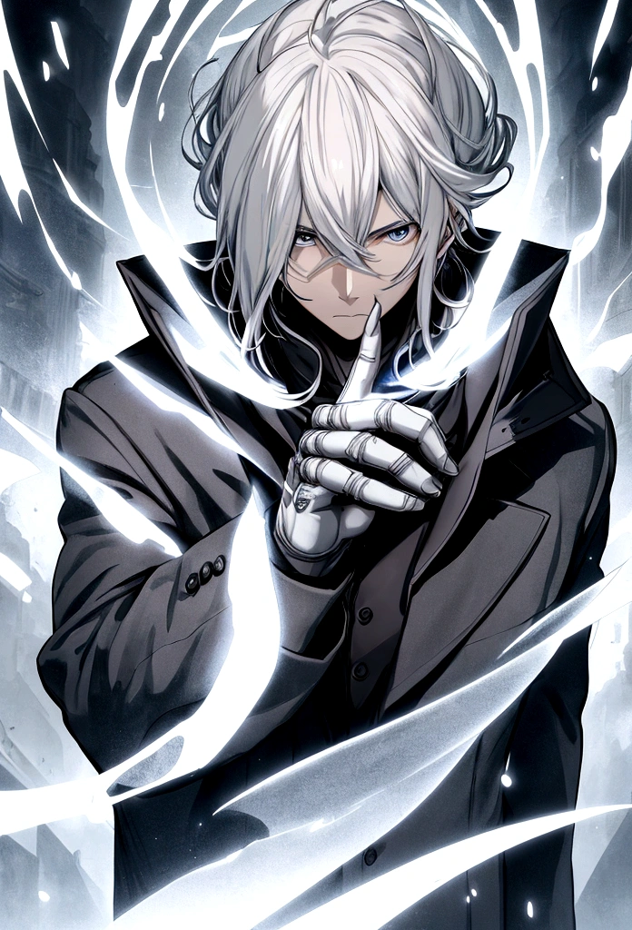 Futuristic, man, Mage, holding pencil, wearing an overcoat ,an anime face, high face definition , Ultra Hd, 4K, whole body, white hair, well defined hands, very detailed hands